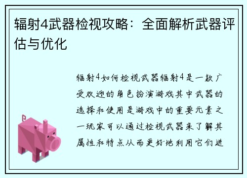 辐射4武器检视攻略:全面解析武器评估与优化